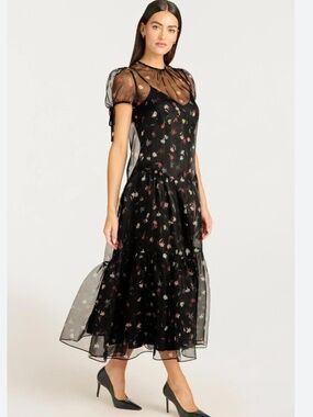 cinq a sept Black Midi Dress with Pink & Cream Floral Accents